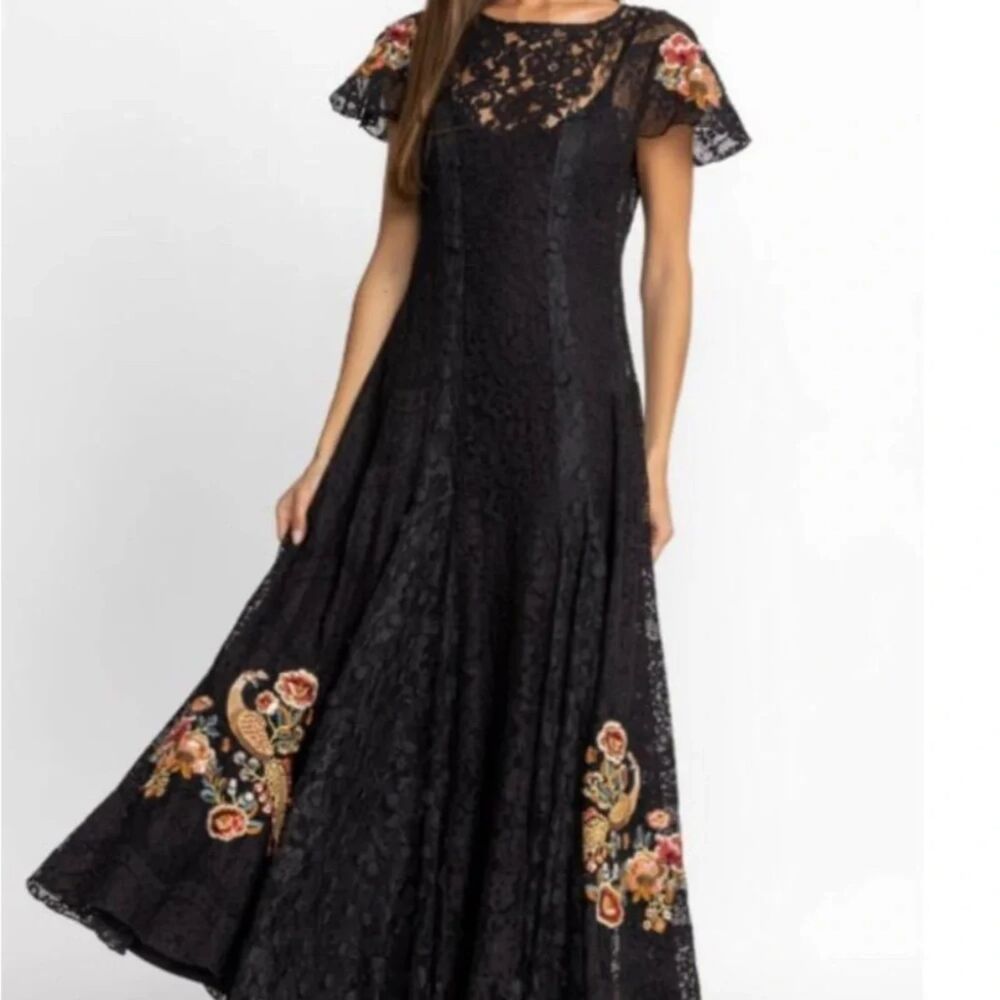 Biya by Johnny Was Black Lace Embroidered Cloe Maxi Dress Sz S + Slip